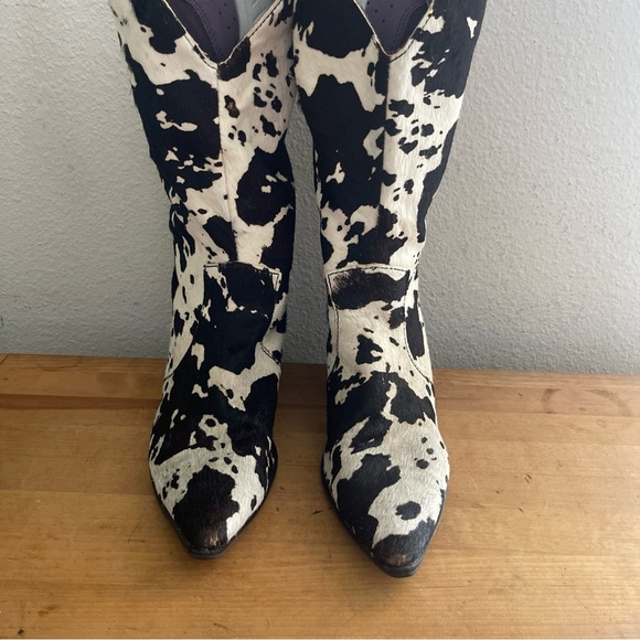DINGO Black Cow Print Pointed Toe Boots DI127 Live a Little Leather Real Fur Sz7 - Picture 2 of 15